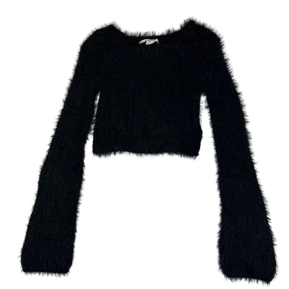 Kimchi Blue Black Fuzzy Eyelash Knit Cropped Sweater Long Sleeve XS OB1839525